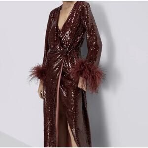 Zara Limited Edition Burgundy Red Sequin Feathers Cuff Wrap Maxi Dress Medium